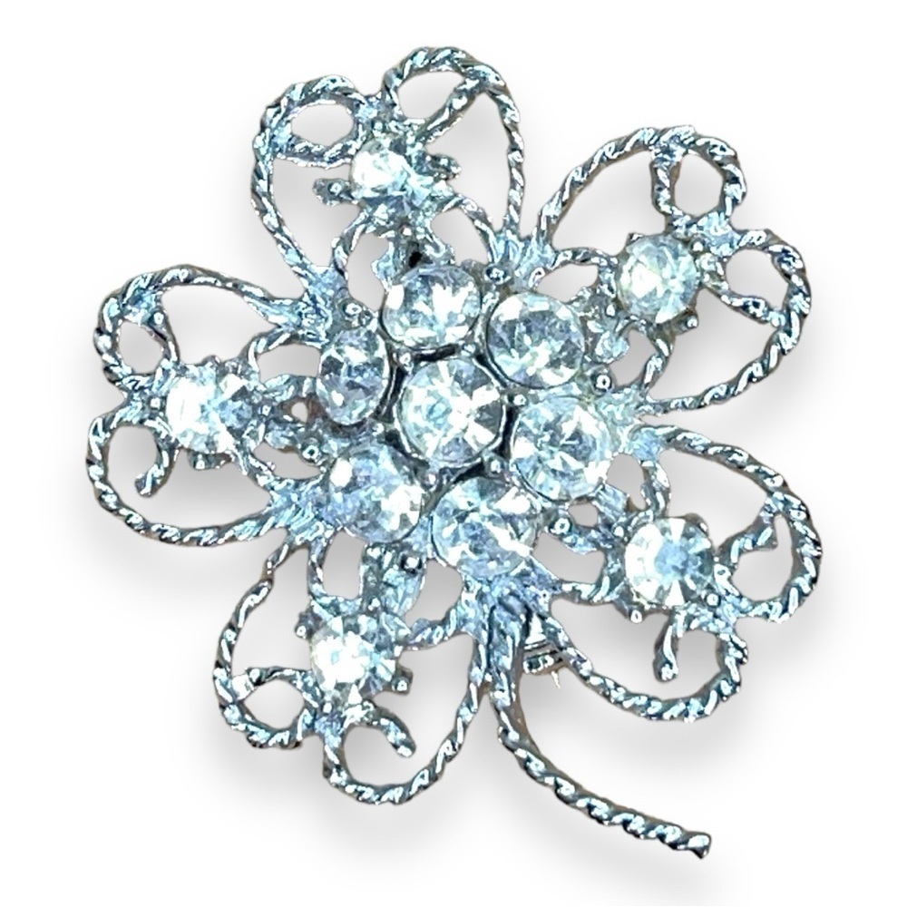 Vintage Floral Brooch Pin Rhinestone Clover Event Retro